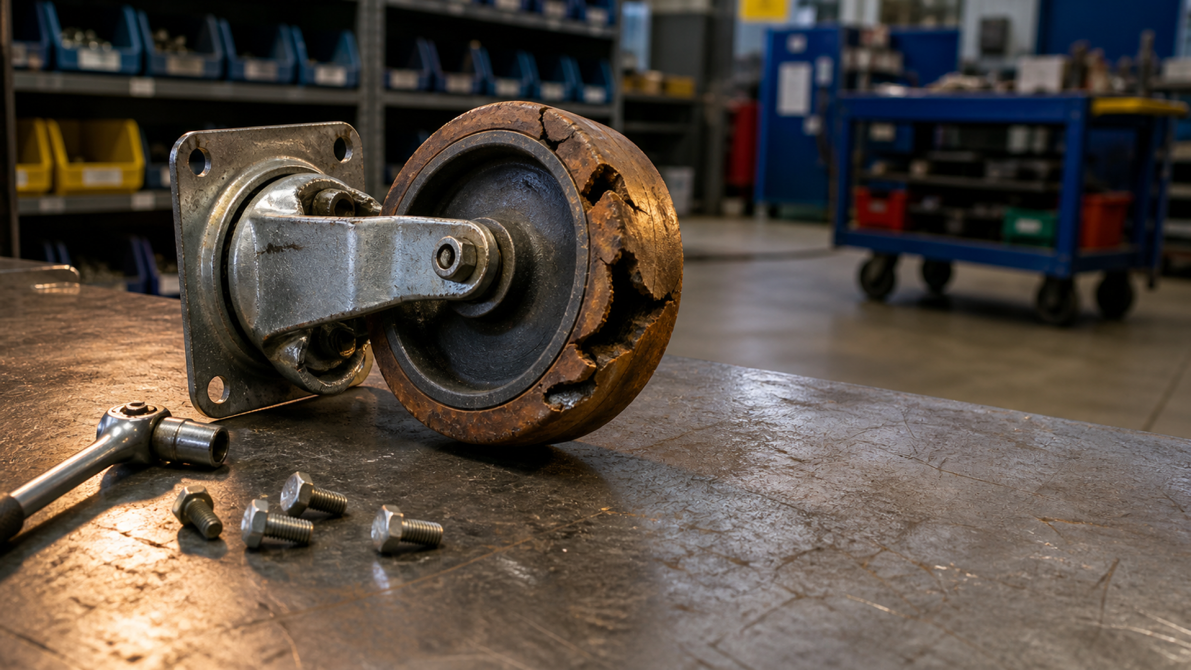 A failed industrial caster with a chunked polyurethane wheel and a bent fork lying on a maintenance bench