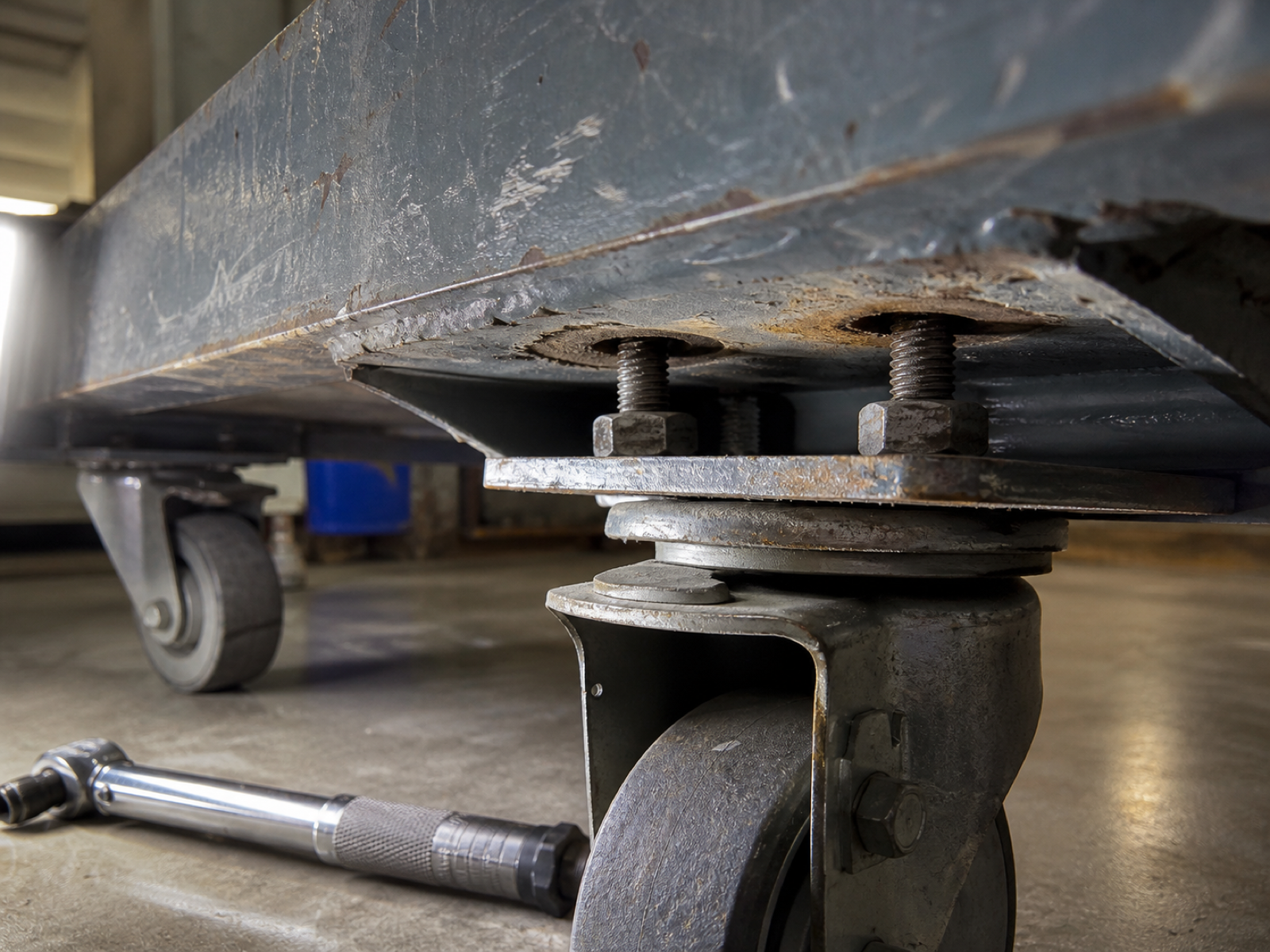Close view of the underside of a steel cart frame showing a caster top plate pulled away from the deck with backed-out bolts
