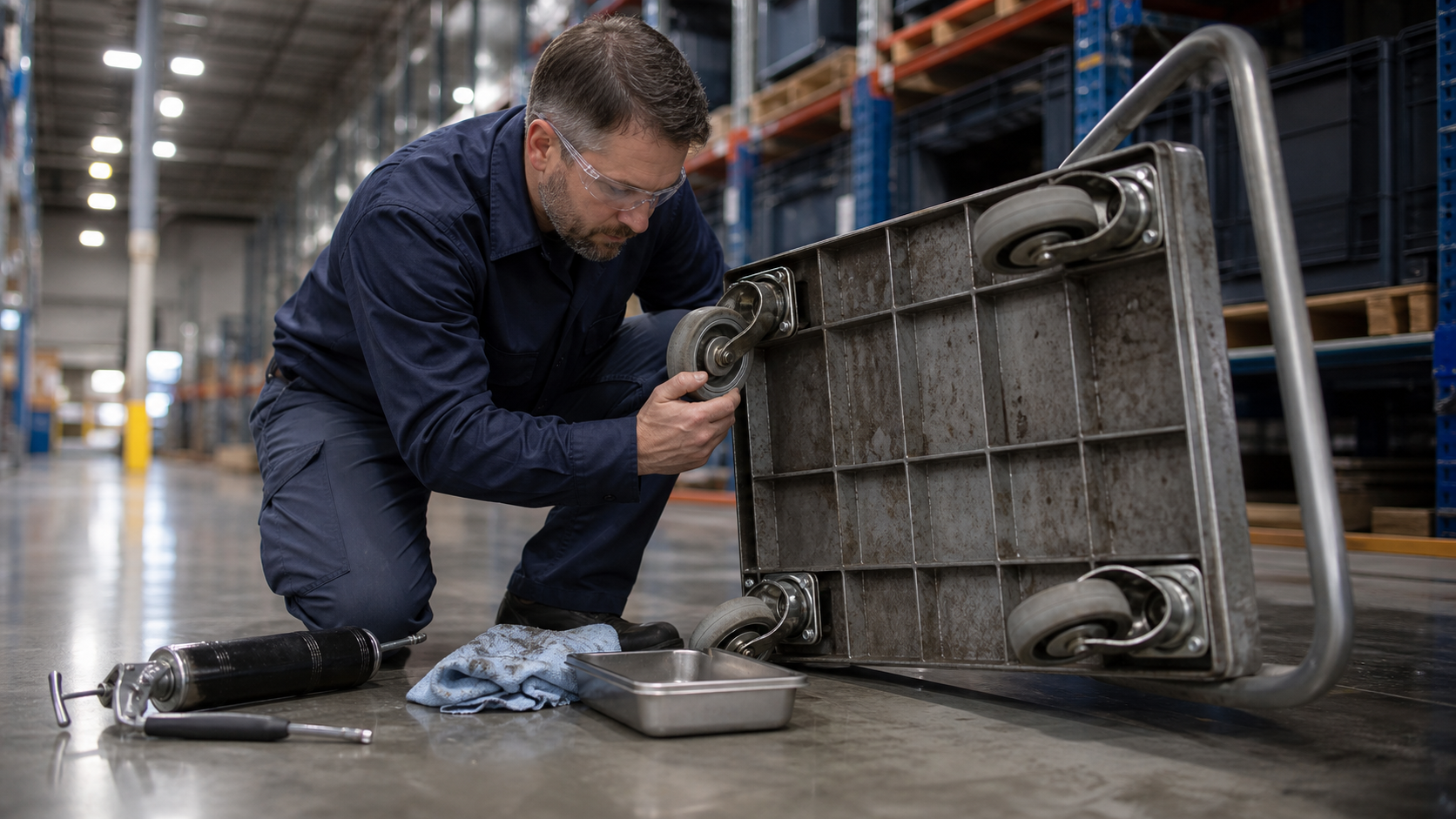 A maintenance technician kneeling beside a tipped steel cart, turning a swivel caster by hand to check the raceway