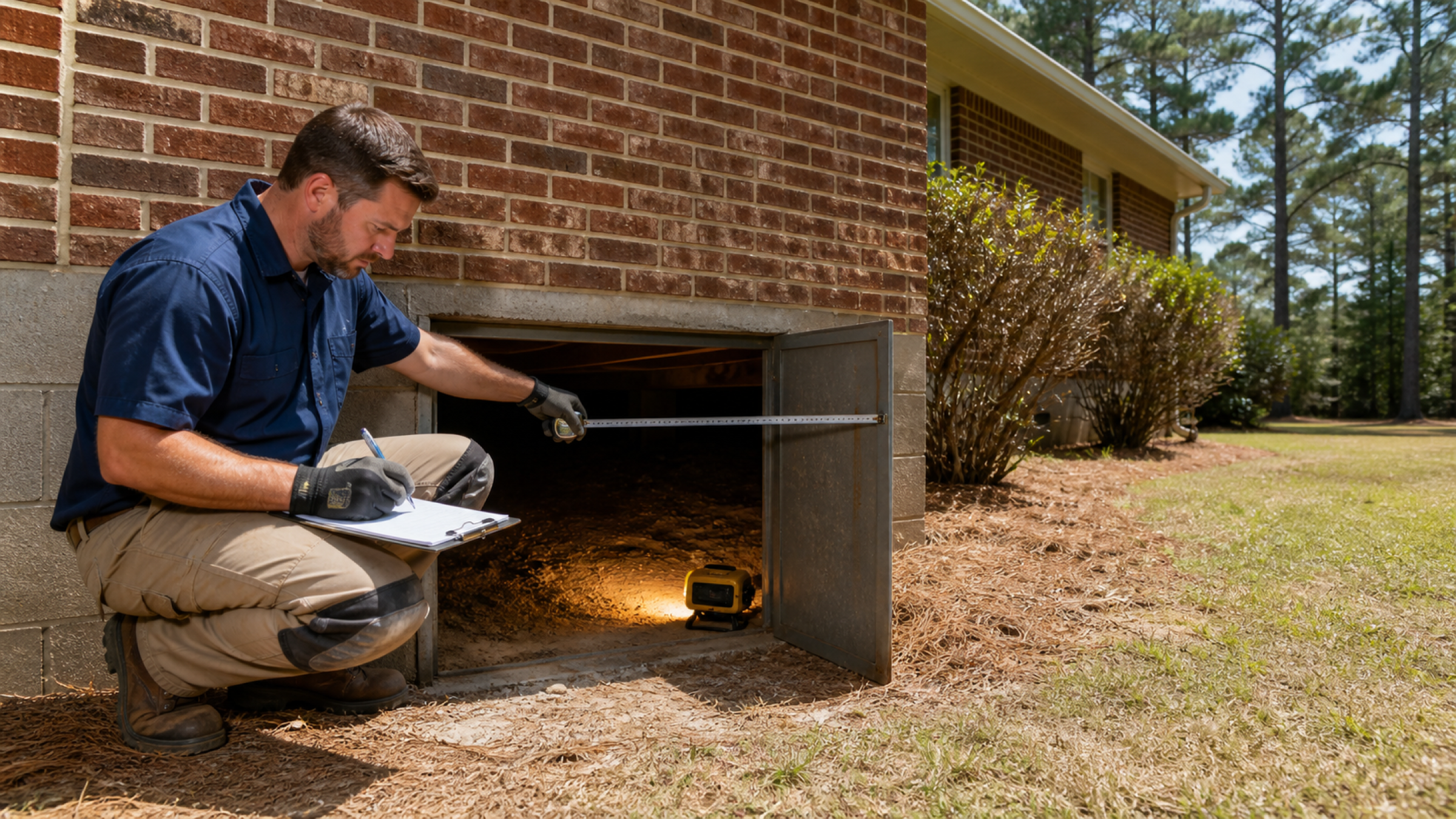 A technician crouched at a crawl space opening on a Georgia home holds a tape measure across the access hatch while writing on a clipboard, with a work light glowing inside the space