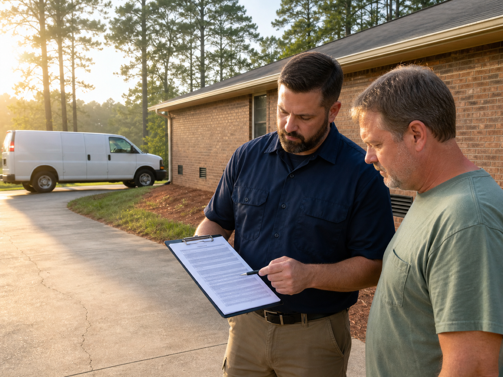 A technician and a homeowner stand in a driveway looking down at a clipboard of paperwork held between them, with a brick ranch house and crawl space vents behind